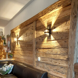 Wohnzimmer mit Holzverkleidung Wand